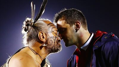 Warburton receives a hongi from a Maori Chief after winning the match between the New Zealand Provincial Barbarians and British & Irish Lions at Toll Stadium in Whangarei, New Zealand, on June 3, 2017. Getty Images