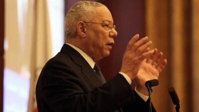 Colin Powell, the former United States Secretary of State, speaking at the 16th annual ECSSR global strategic development conference in Abu Dhabi.