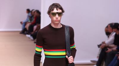For the Prada spring/summer 2023 menswear collection, horizontal stripes and leather shorts feature heavily. Photo: EPA