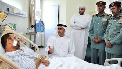 Sheikh Saif bin Zayed Al Nahyan, the Minister of Interior, visited the injured police officers in hospital.