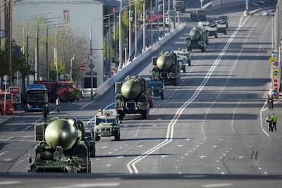 Russian RS-24 Yars ballistic missiles roll toward Red Square for the Victory Day military parade rehearsal in Moscow, Russia. AP