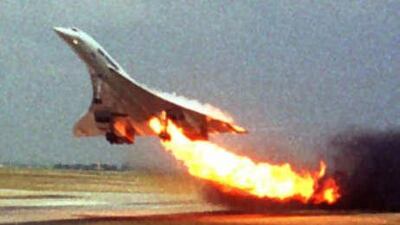Air France Concorde flight 4590 takes off with fire trailing from its engine from Charles de Gaulle airport in 2000 shortly before it crashed.