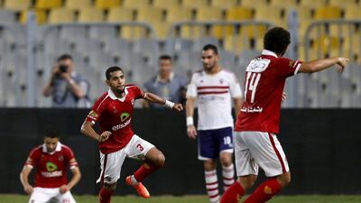Al Ahly's Moamen Zakaria celebrates after scoring against Zamalek in the Cairo derby on Tuesday, played in Alexandria without spectators due to security concerns. Amr Abdallah Dalsh / Reuters