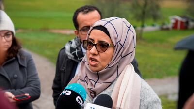 Rana Ghanem, member of a Yemeni government's delegation, speaks to journalists. AFP / TT NEWS AGENCY