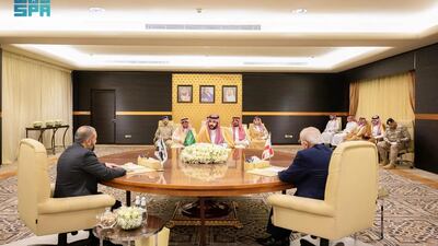 Saudi Defence Minister Prince Khalid bin Salman with Syrian Defence Minister Murhaf Abu Qasra and Michel Menassa, Lebanon's Minister of Defence, in Jeddah. SPA