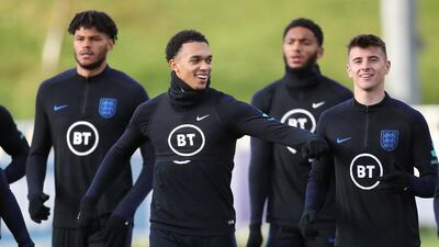 Left to right: England's Tyrone Mings, Trent Alexander-Arnold, Joe Gomez and Mason Mount. Reuters