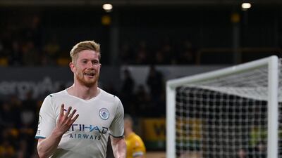 Manchester City's Belgian star Kevin De Bruyne celebrates after scoring his and his team's fourth goal during the 5-1 Premier League win at Wolves. AFP