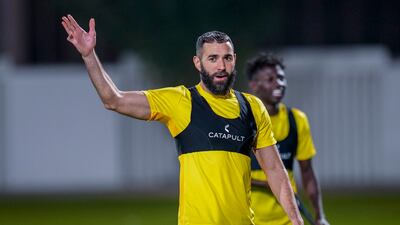 Al-Ittihad's Karim Benzema gestures during a training session at the Al Ittihad FC training in Jeddah, Saudi Arabia, Monday, Dec. 11, 2023. (AP Photo / Manu Fernandez)