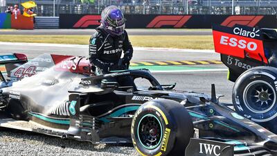 Mercedes' Lewis Hamilton after crashing out of the race with Red Bull's Max Verstappen. Reuters