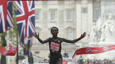 Kenya's Mary Keitany crosses the finish line to win the London Marathon. Tim Ireland / AP Photo