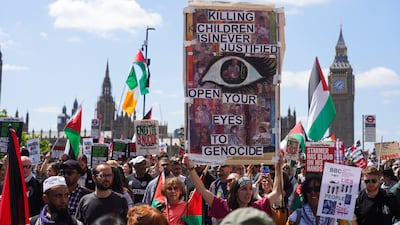 Protesters gathered in London to commemorate 77 years since Nakba Day and to call for an end to the UK arming Israel. Getty Images