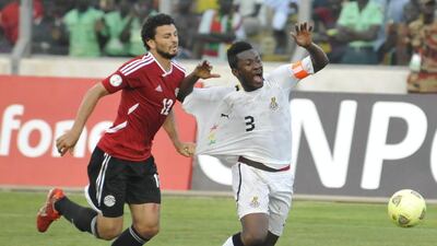 Once again, Asamoah Gyan, right, who stars for Al Ain, will captain his native Ghana in the World Cup this summer in Brazil. AFP PHOTO/STR