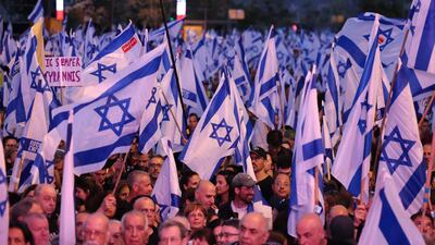 Demonstrators gather to protest the Israeli government's judicial overhaul bill in Tel Aviv on Saturday. AFP