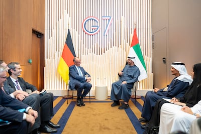 Sheikh Mohamed with Friedrich Merz, Chancellor of Germany. Photo: UAE Presidential Court