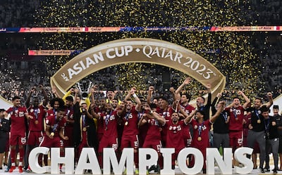 Qatar players celebrate winning the 2023 AFC Asian Cup. EPA