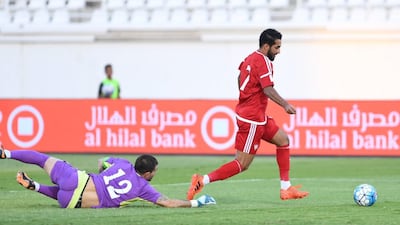 Ali Mabkhout scores the only goal of the game during the UAE's 1-0 win over Uzbekistan on Tuesday. Courtesy UAE FA