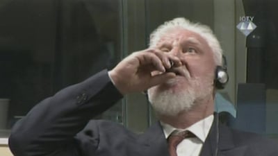 Slobodan Praljak killed himself by taking poison in the dock of the International War Crimes Court. ICTY via REUTERS