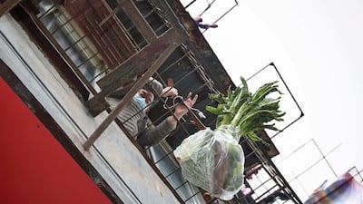 A resident uses a belt to get vegetables in Wuhan, in China's central Hubei province. AFP