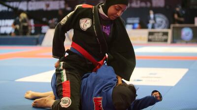 Alyazyah Al Shehyari (in black) of the UAE shown in her match with May Sherif Mahmoud of the UAE in the Abu Dhabi World Youth Jiu-Jitsu Championship 2016. Ravindranath / The National