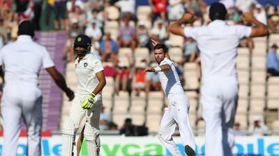 James Anderson, second right, of England celebrates trapping Ravindra Jadeja of India lbw during Day 3 of the third Test match at the Ageas Bowl on July 29, 2014, in Southampton, England. Michael Steele / Getty Images