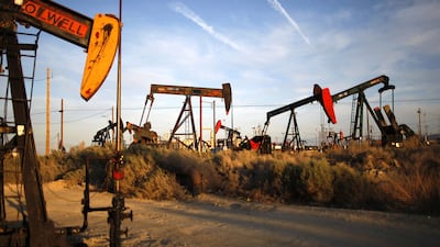 Drilling rigs at California's Monterey Shale formation. Brent has given up nearly all gains made after Opec+ producers announced output cuts on April 2. Getty