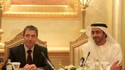 Sheikh Abdullah bin Zayed, the UAE Minister of Foreign Affairs, right, and Anders Fogh Rasmussen, Nato's secretary general, at the Nato-UAE Relations Cooperation Initiative in Abu Dhabi.