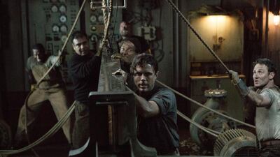 Casey Affleck as Ray Sybert and Josh Stewart as Tchuda Southerland struggle to keep their ship, the SS Pendleton, from sinking in The Finest Hours. Claire Folger / courtesy Disney