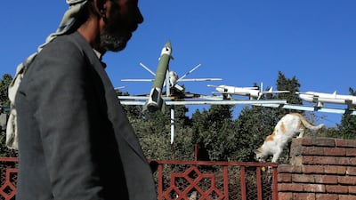 A display of mock Houthi-made drones and missiles at a square in Sanaa, Yemen, earlier this week. EPA