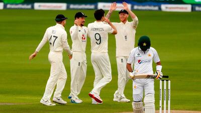 Pakistan's Babar Azam trudges off after losing his wicket. AFP