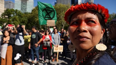 Amazon Indigenous people take part in a Global Climate Strike to demand action against global warming, on the sidelines of the 77th session of the United Nations General Assembly in New York City. Reuters