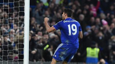 Diego Costa of Chelsea celebrates after scoring against Everton to make it 2-1 on Saturday at Stamford Bridge. Facundo Arrizabalaga / EPA