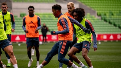 United attacker Jadon Sancho on the ball during training.