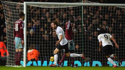 Daley Blind of Manchester United celebrates after scoring the added time equaliser in a 1-1 Premier League draw with West Ham United on Sunday at Upton Park. Mike Hewitt / Getty Images