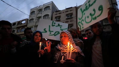 Palestinian women, at a demonstration against chronic power cuts, demand better living conditions in the Jabaliya refugee camp in northern Gaza Strip, January 4, 2018. EPA