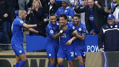 Leicester City’s Shinji Okazaki celebrates scoring their second goal with teammates. Eddie Keogh / Reuters