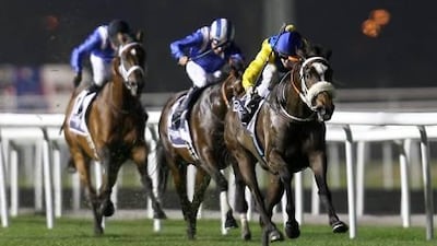 Mahbooba, right, romps home to win the Al Rashidiya Trial at Meydan for jockey Christopher Soumillon and trainer Mike de Kock.