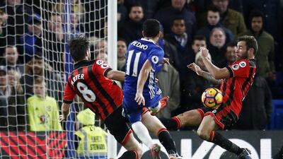 Pedro shoots to score his second and Chelsea’s third goal. Peter Nicholls / Reuters