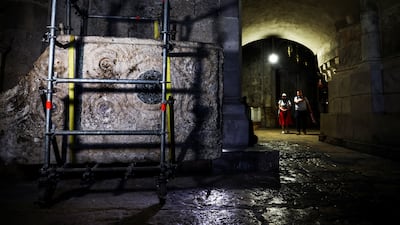 The stone slab that researchers say is the decorated frontal of the Crusader-era high altar of the church.