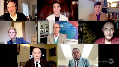 From top left: John Carroll Lynch, Sacha Baron Cohen, Alex Sharp, Eddie Redmayne, Michael Keaton, Mark Rylance, Frank Langella and Kevin Harrison Jr accepting the award for Outstanding Performance by a Cast in a Motion Picture for 'The Trial of the Chicago 7' during this year's SAG Awards. AFP