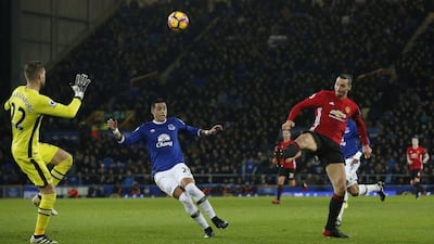 Manchester United’s Zlatan Ibrahimovic shoots and scores their goal. Andrew Yates / Reuters