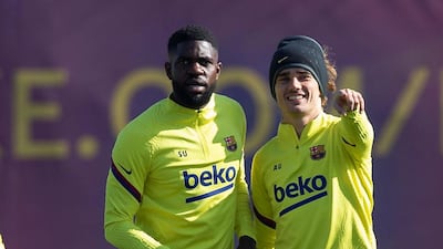 Barcelona's Samuel Umtiti, left, and Antoine Griezmann during training. EPA