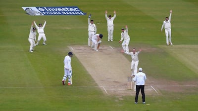 England batsman Alastair Cook prods forward as bowler Kane Williamson and fielders appeal with success for his dismissal by lbw during day five of the 2nd Investec test match between England and New Zealand at Headingley on June 2, 2015 in Leeds, England. (Photo by Stu Forster/Getty Images)