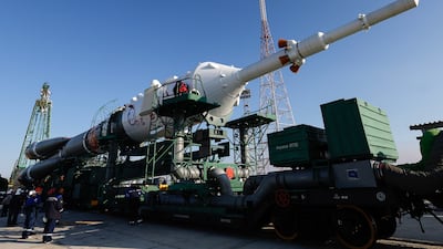 The Soyuz rocket being moved into a vertical position a lift-off. Photo: EPA
