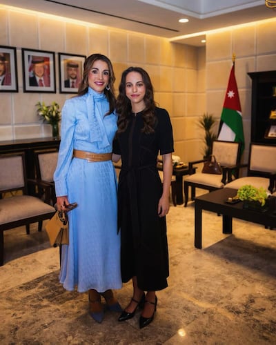 Queen Rania, left, in Valentino, with Princess Salma of Jordan in October 2025. Photo: Jordan Fashion Royal / Instagram