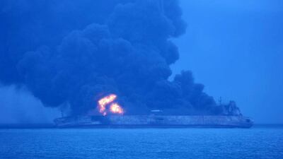 The Panama-registered Sanchi tanker is seen ablaze in open waters after colliding with a Chinese bulk ship, on January 7, 2018. Korea Coast Guard / Yonhap via Reuters