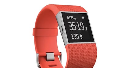 The Fitbit Surge, among the few fitness trackers with built-in GPS and heart-rate monitors. Under normal use, the Surge's battery life lasts up to a week. Fitbit via AP