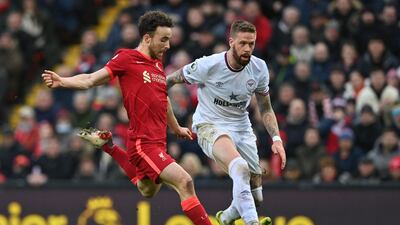 Liverpool striker Diogo Jota shoots against Brentford. Reuters
