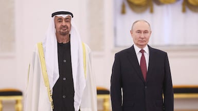 President Sheikh Mohamed and Russian President Vladimir Putin in Moscow. Photo: AFP