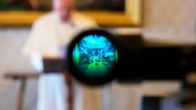 Pope Francis during his streamed Angelus prayer, in the private library, at the Vatican. AFP