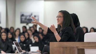 Angela Duckworth (centre) delivers a lecture titled ‘True Grit: The Surprising, and Inspiring Science of Success’, at Majlis Mohamed bin Zayed in 2018. Mohamed Al Hammadi / Crown Prince Court - Abu Dhabi